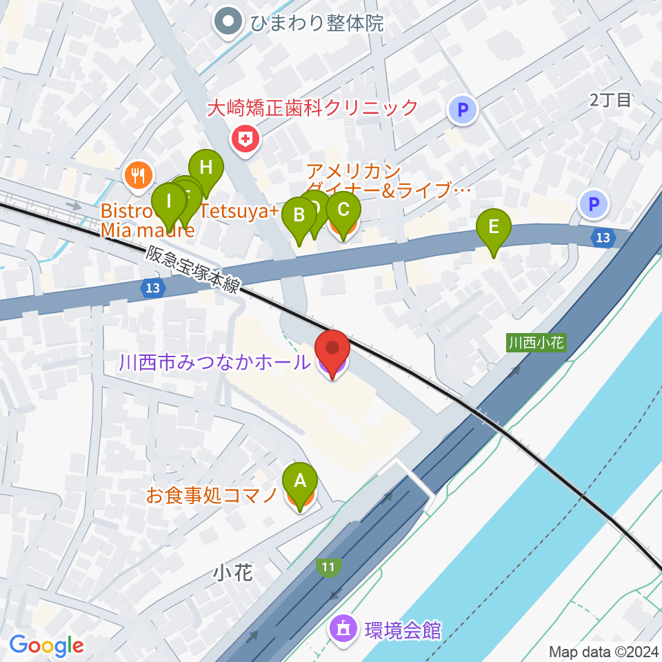 川西市みつなかホール周辺のファミレス・ファーストフード一覧地図