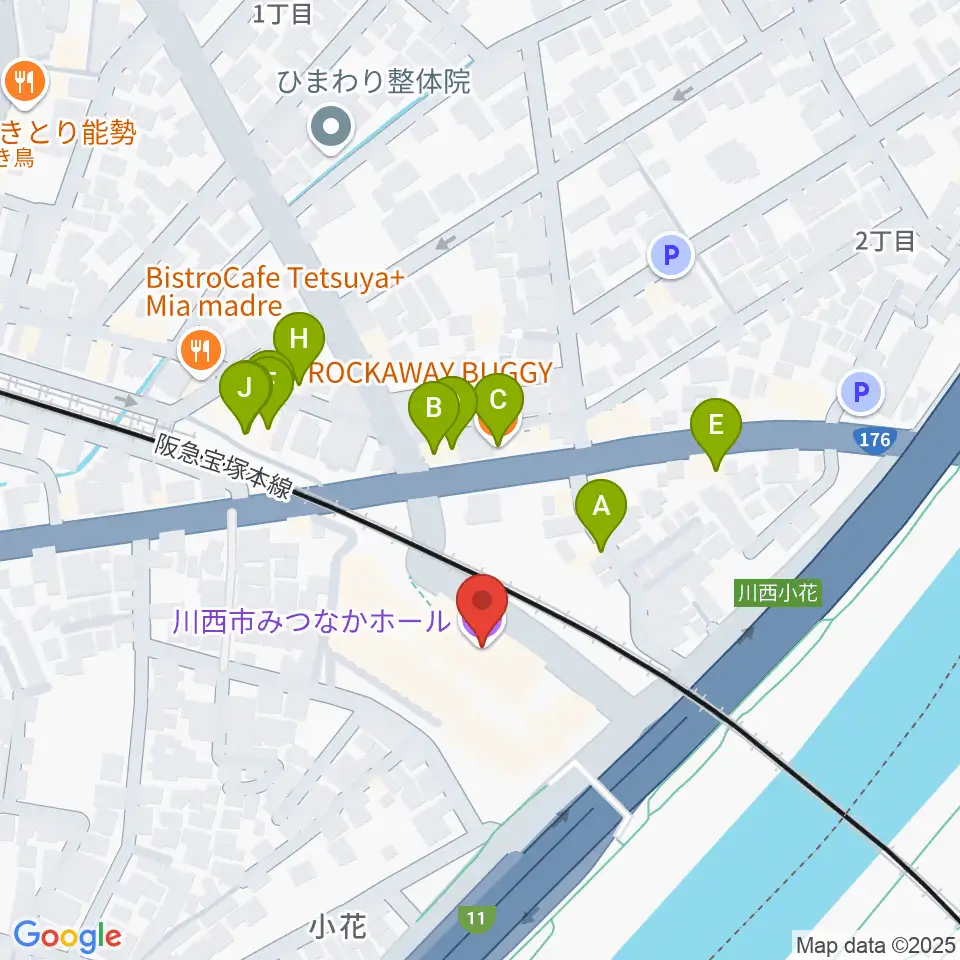 川西市みつなかホール周辺のファミレス・ファーストフード一覧地図