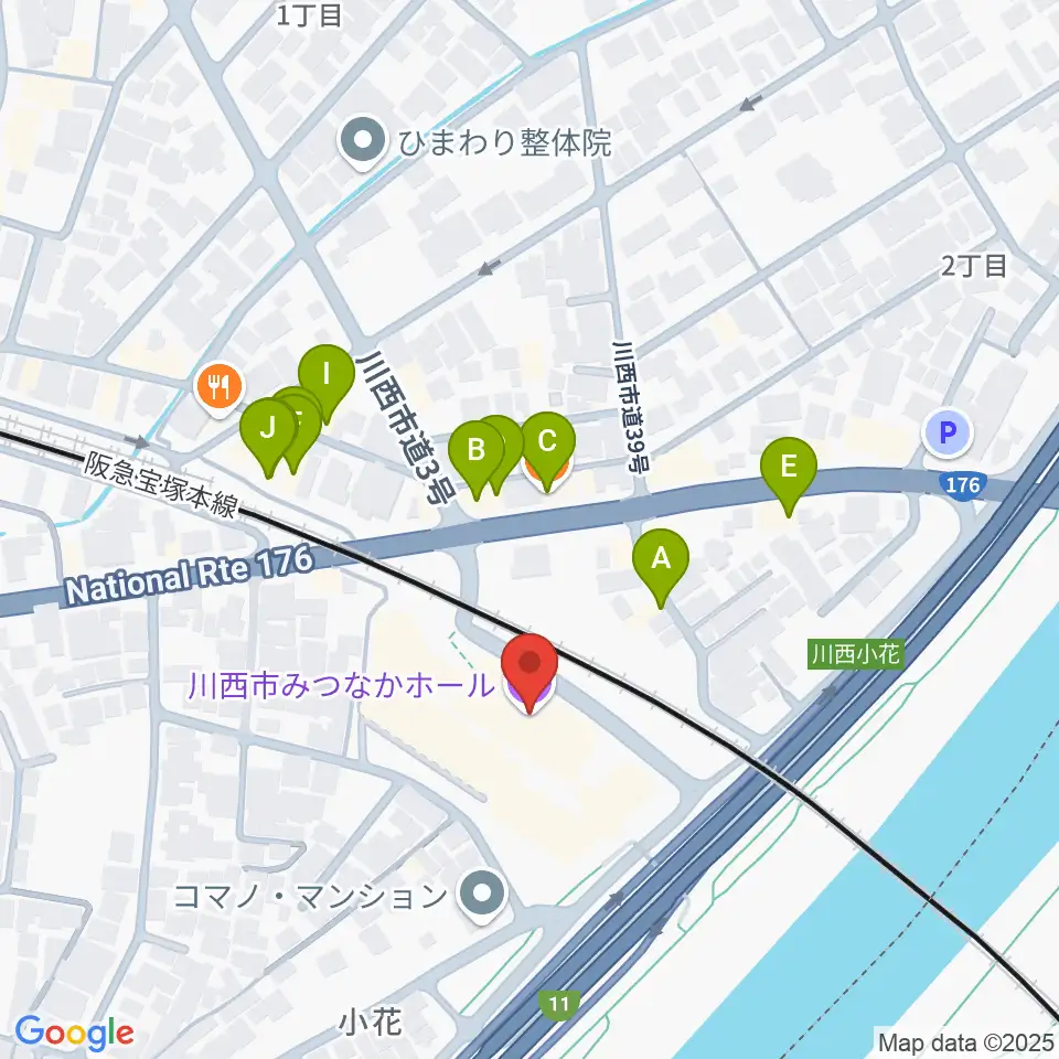 川西市みつなかホール周辺のファミレス・ファーストフード一覧地図