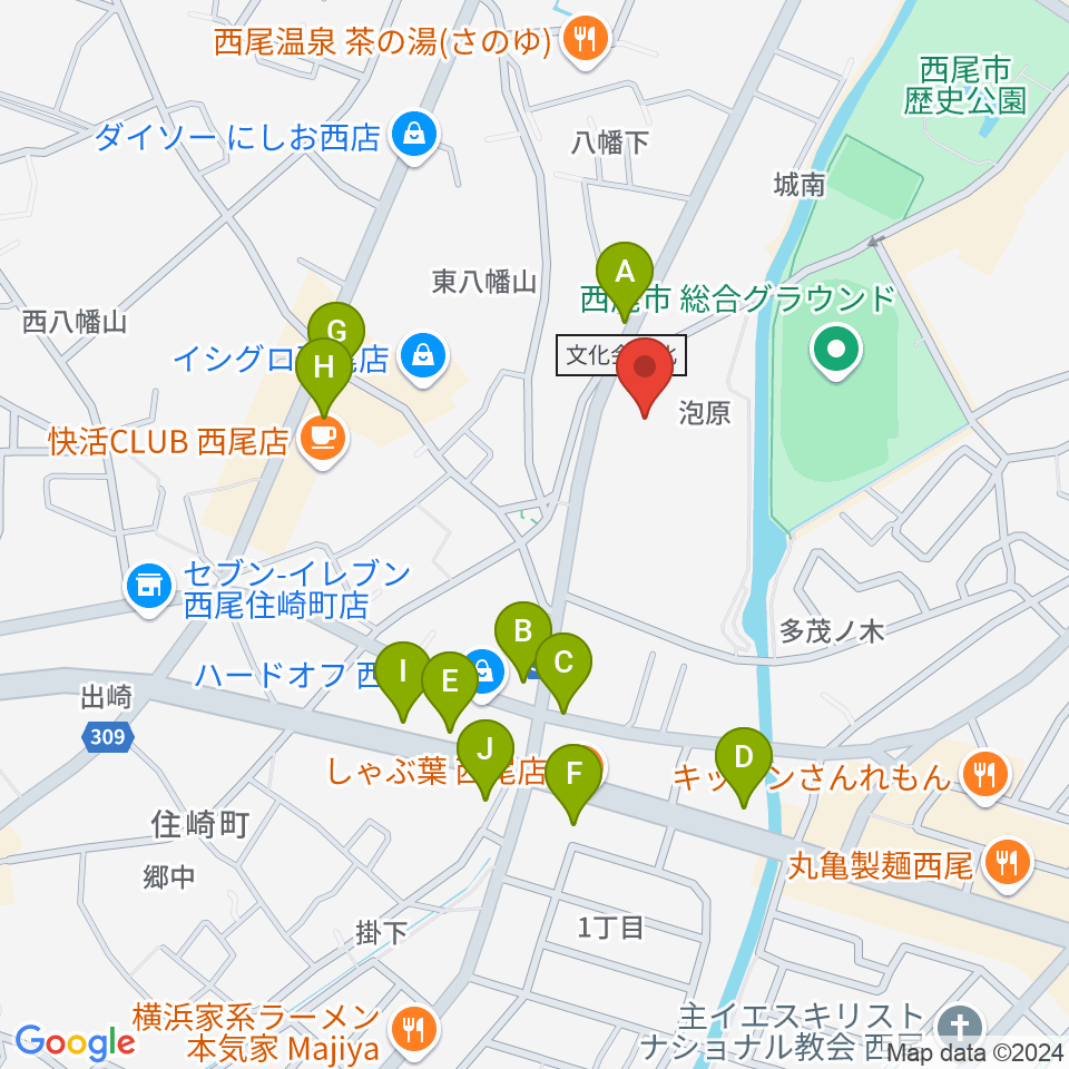 西尾市文化会館周辺のファミレス・ファーストフード一覧地図