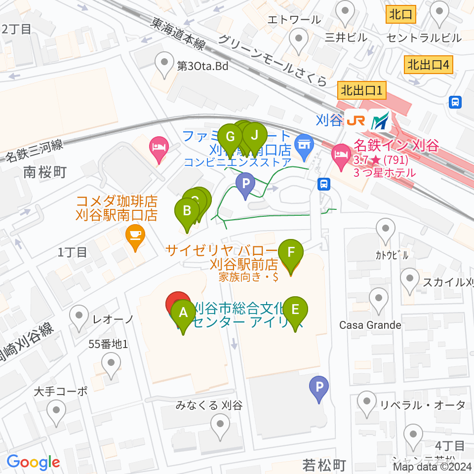 刈谷市総合文化センター アイリス周辺のファミレス・ファーストフード一覧地図