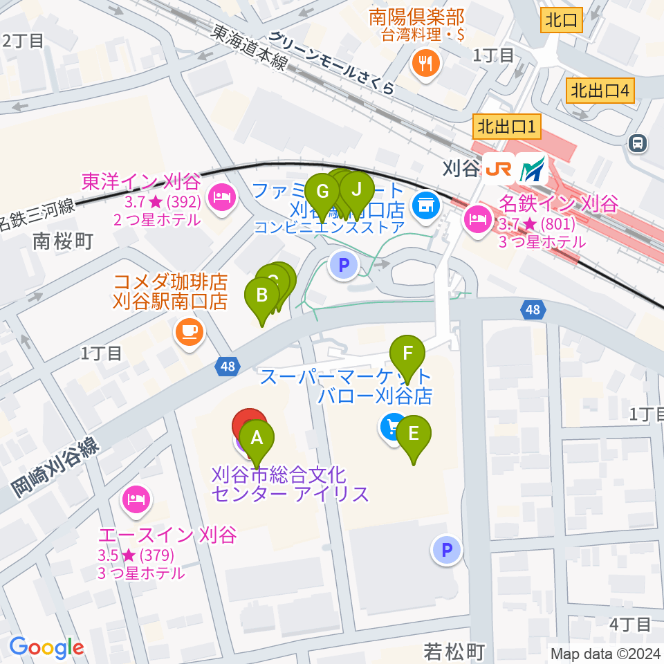 刈谷市総合文化センター アイリス周辺のファミレス・ファーストフード一覧地図