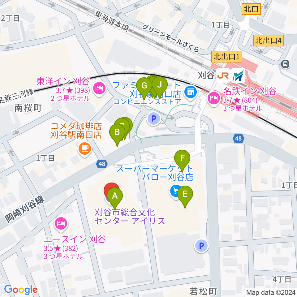 刈谷市総合文化センター アイリス周辺のファミレス・ファーストフード一覧地図