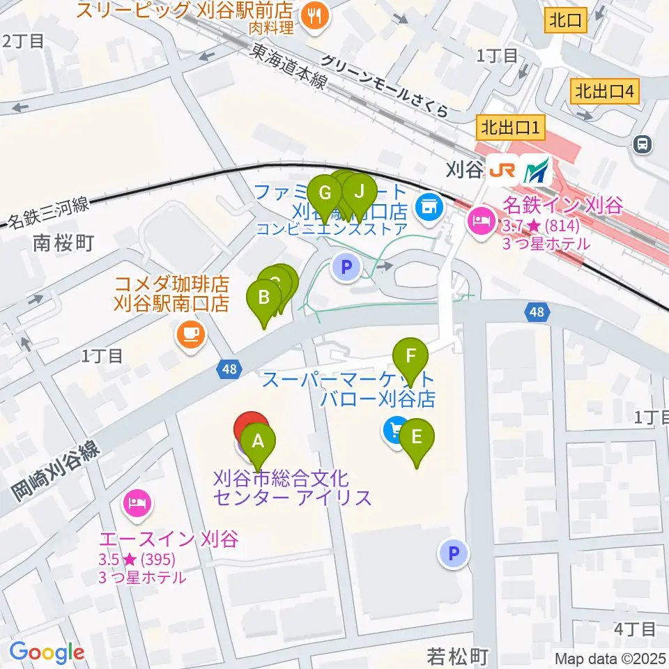 刈谷市総合文化センター アイリス周辺のファミレス・ファーストフード一覧地図