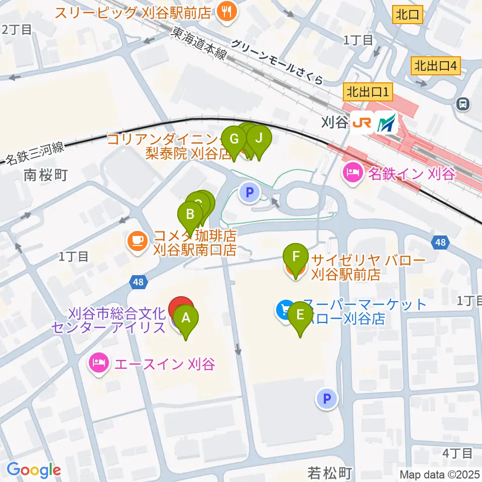 刈谷市総合文化センター アイリス周辺のファミレス・ファーストフード一覧地図
