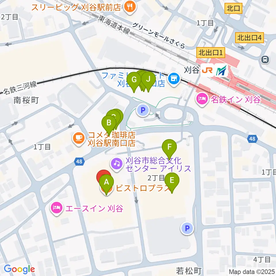 刈谷市総合文化センター アイリス周辺のファミレス・ファーストフード一覧地図
