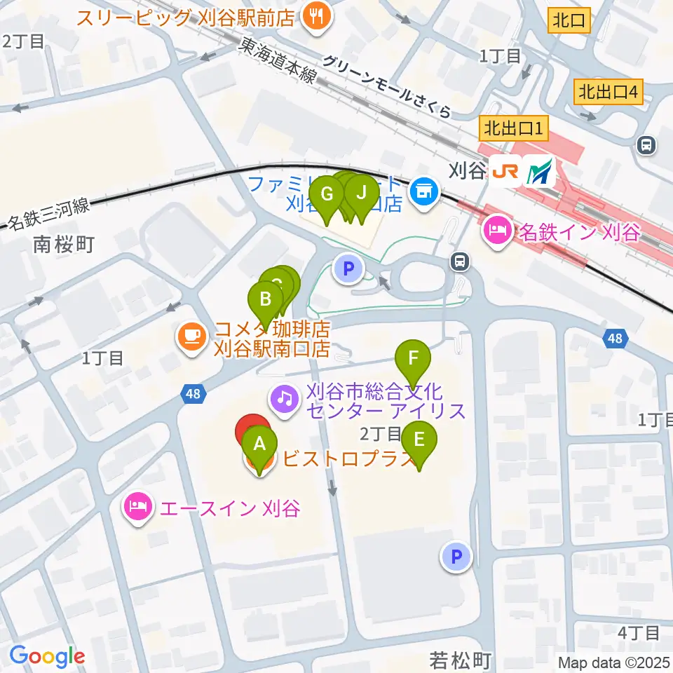 刈谷市総合文化センター アイリス周辺のファミレス・ファーストフード一覧地図