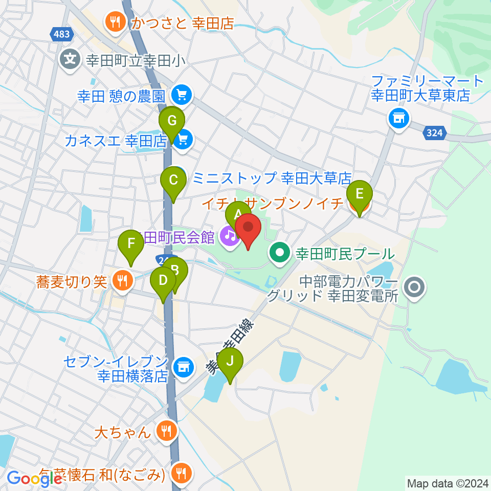 幸田町民会館周辺のファミレス・ファーストフード一覧地図