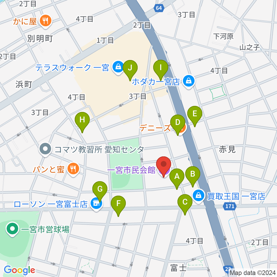 一宮市市民会館周辺のファミレス・ファーストフード一覧地図