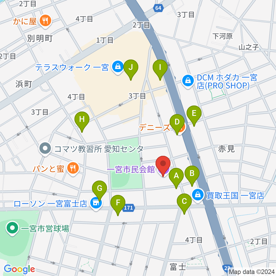 一宮市市民会館周辺のファミレス・ファーストフード一覧地図