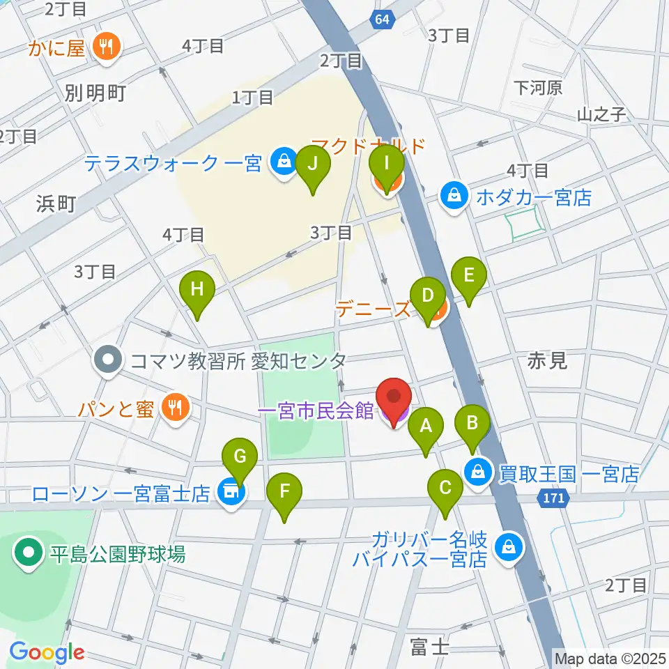 一宮市市民会館周辺のファミレス・ファーストフード一覧地図