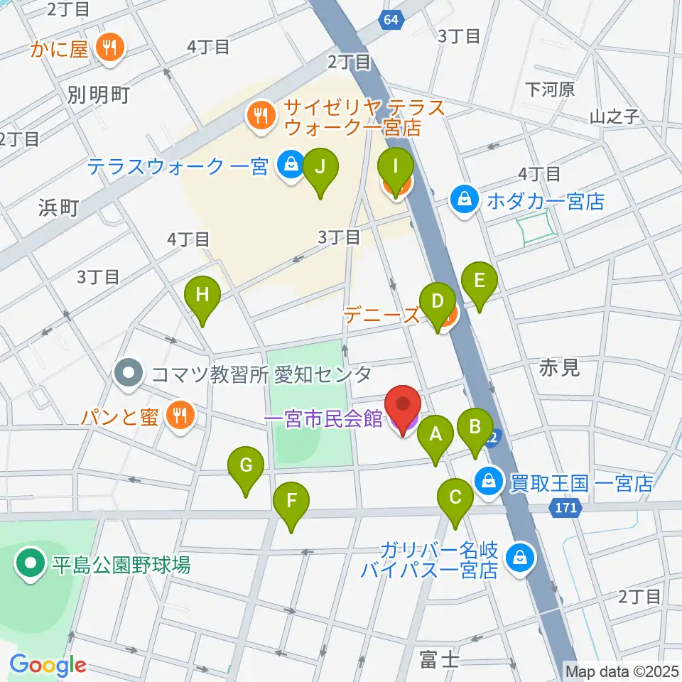 一宮市市民会館周辺のファミレス・ファーストフード一覧地図