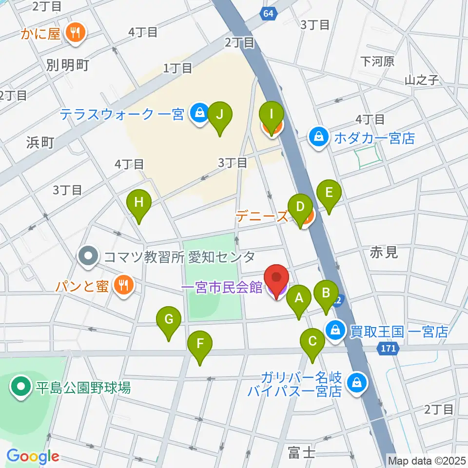 一宮市市民会館周辺のファミレス・ファーストフード一覧地図