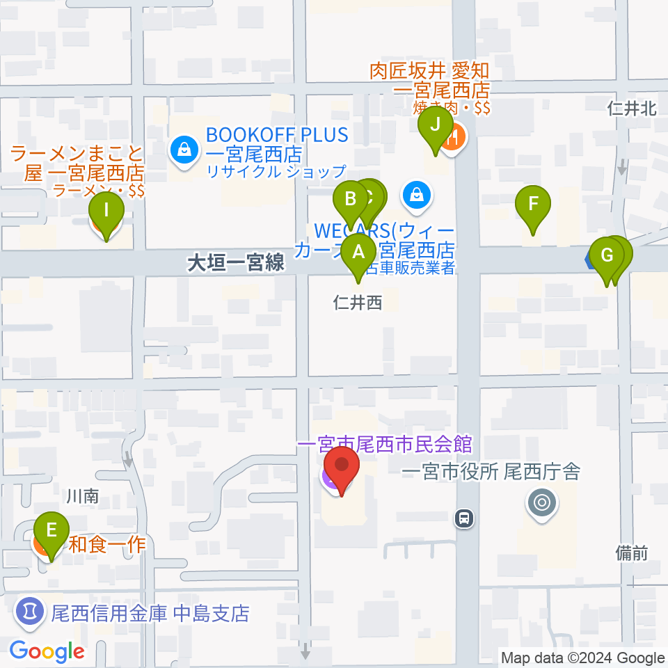 一宮市尾西市民会館周辺のファミレス・ファーストフード一覧地図