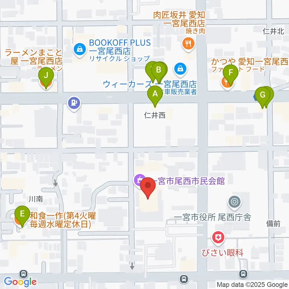 一宮市尾西市民会館周辺のファミレス・ファーストフード一覧地図