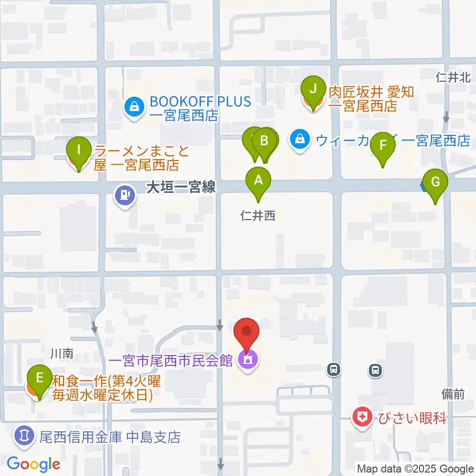 一宮市尾西市民会館周辺のファミレス・ファーストフード一覧地図