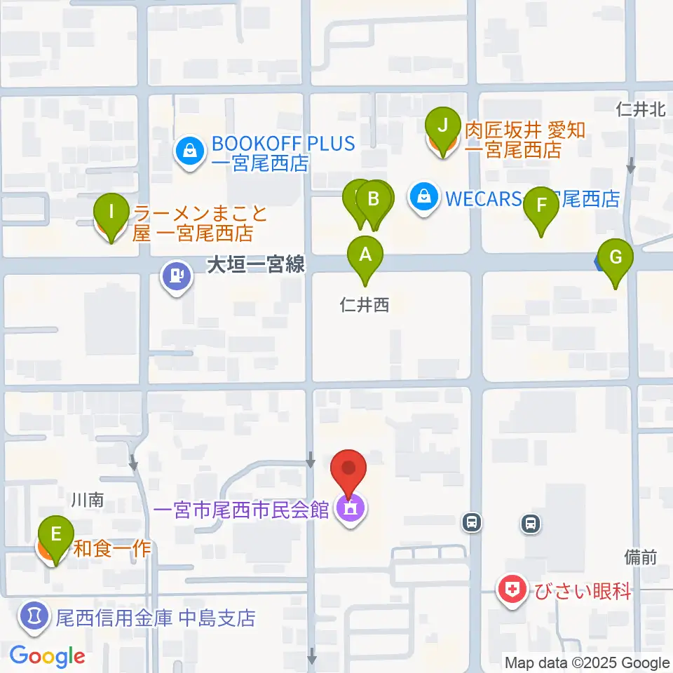 一宮市尾西市民会館周辺のファミレス・ファーストフード一覧地図