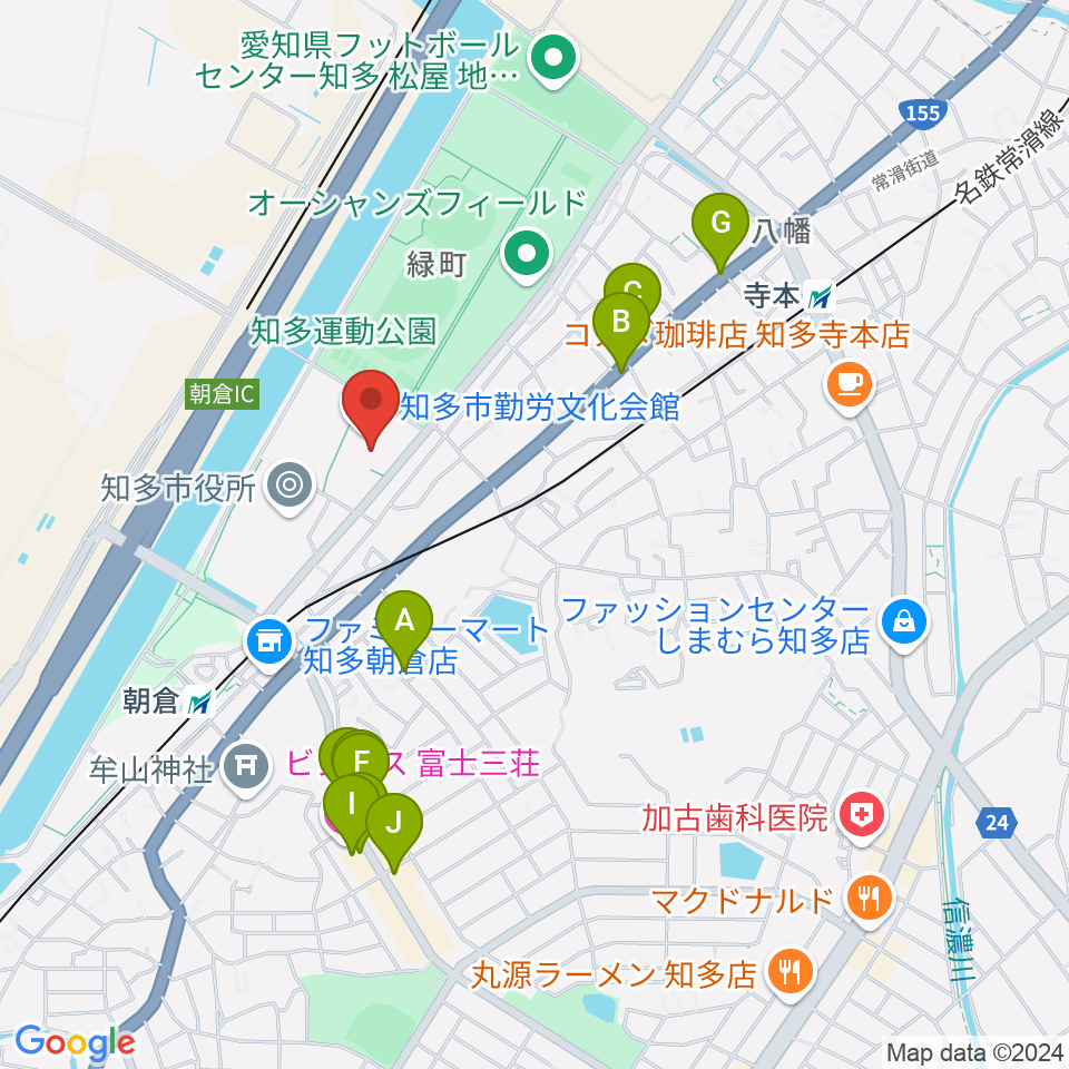 知多市勤労文化会館周辺のファミレス・ファーストフード一覧地図