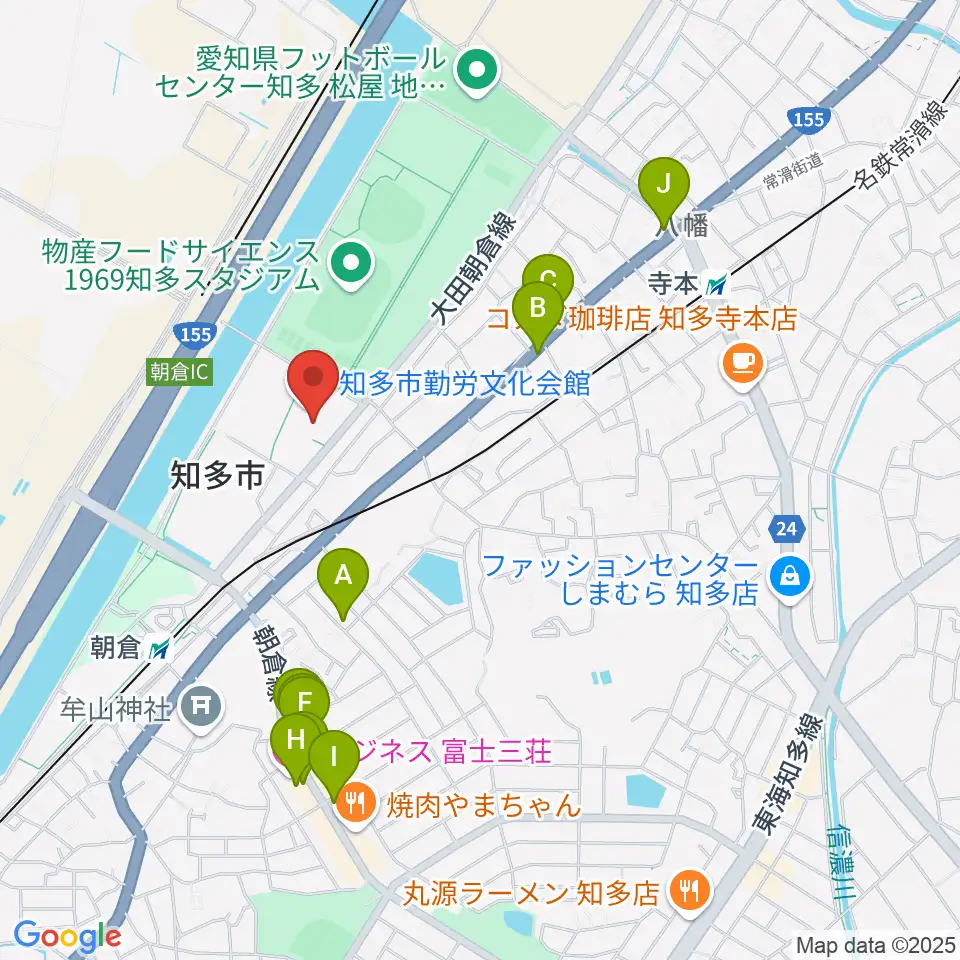 知多市勤労文化会館周辺のファミレス・ファーストフード一覧地図