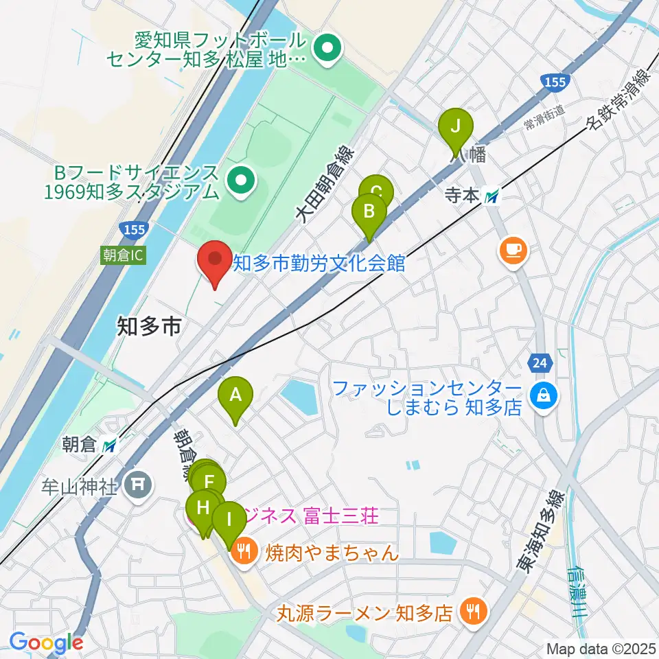 知多市勤労文化会館周辺のファミレス・ファーストフード一覧地図