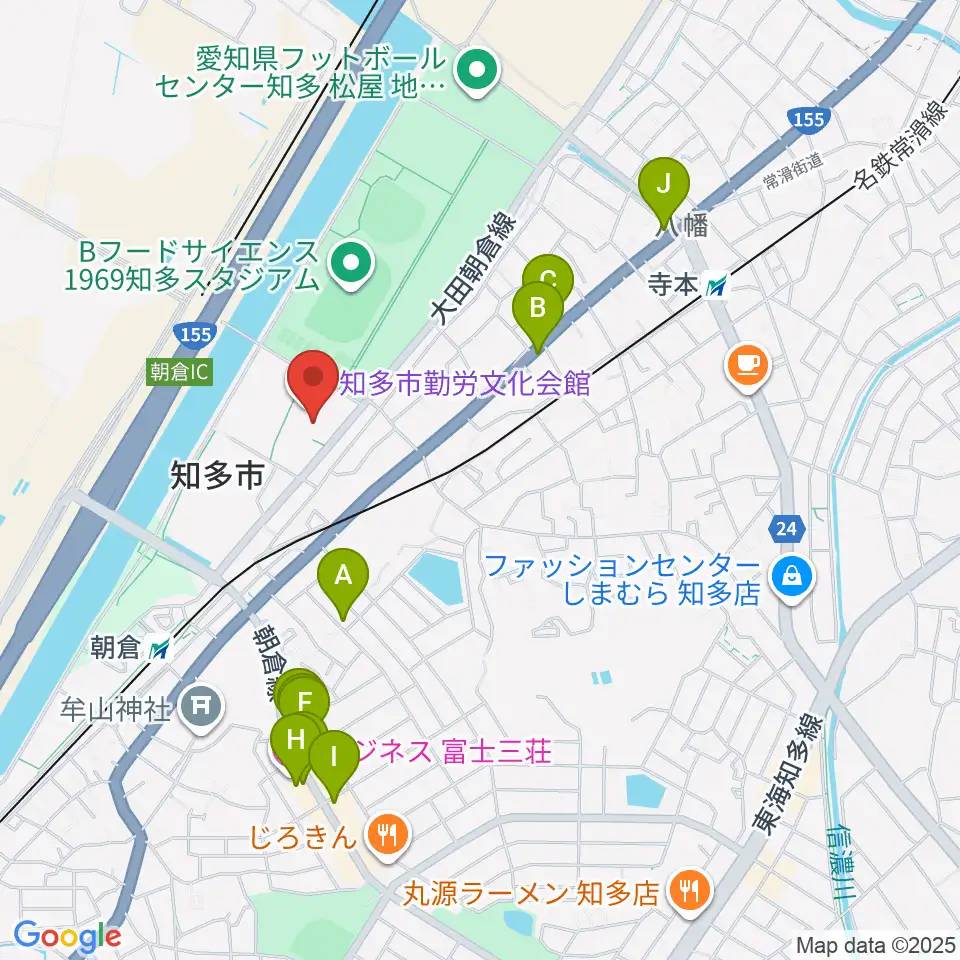 知多市勤労文化会館周辺のファミレス・ファーストフード一覧地図