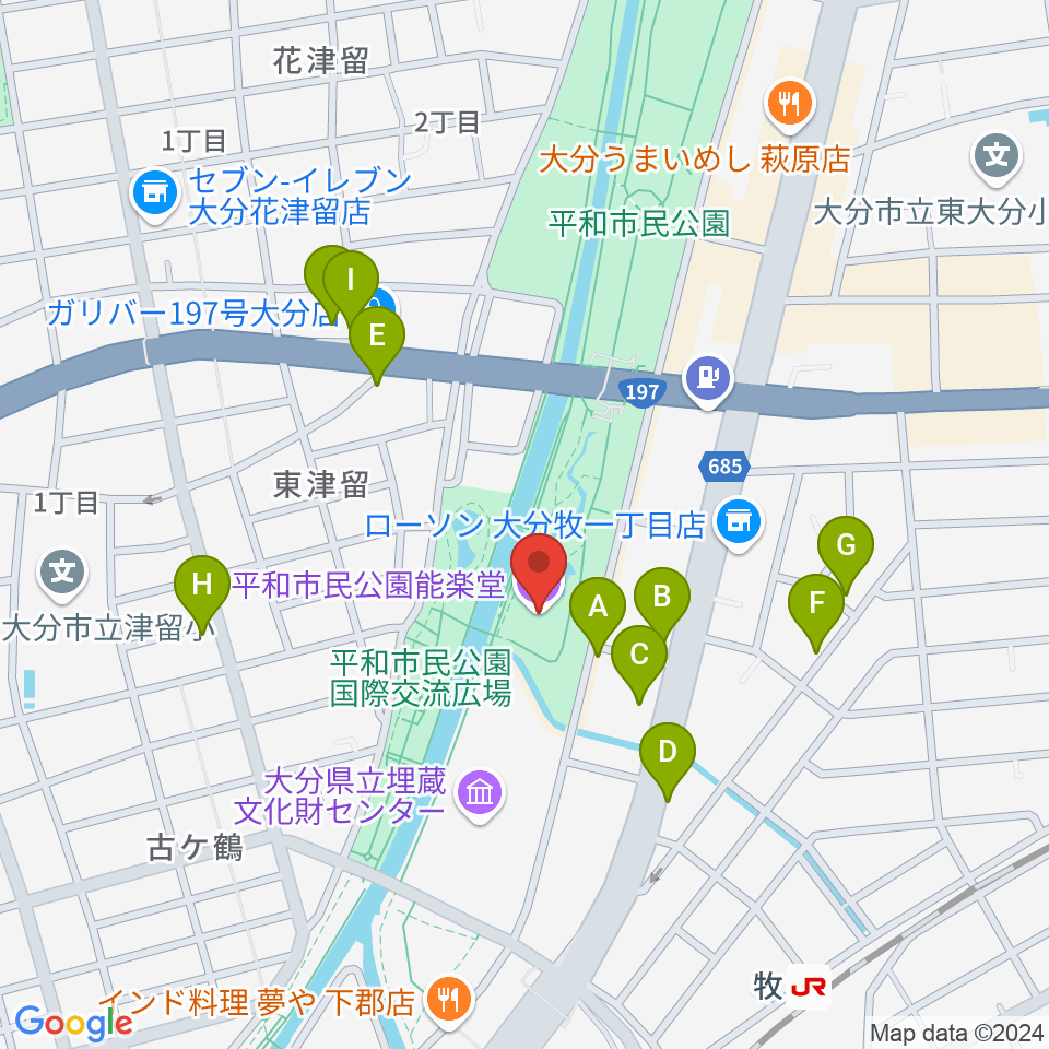 平和市民公園能楽堂周辺のファミレス・ファーストフード一覧地図