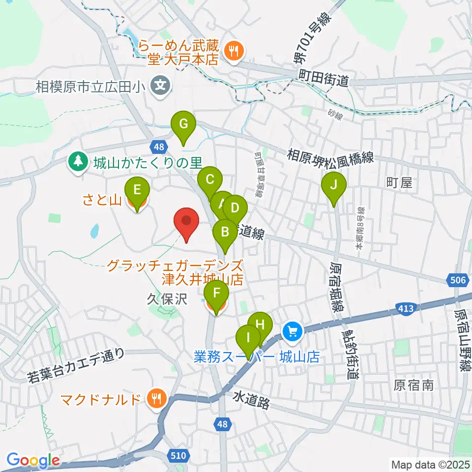 もみじホール城山周辺のファミレス・ファーストフード一覧地図