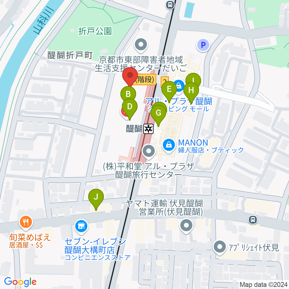 京都市醍醐交流会館周辺のファミレス・ファーストフード一覧地図