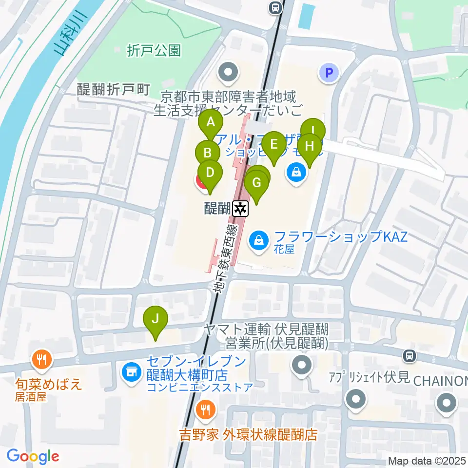 京都市醍醐交流会館周辺のファミレス・ファーストフード一覧地図