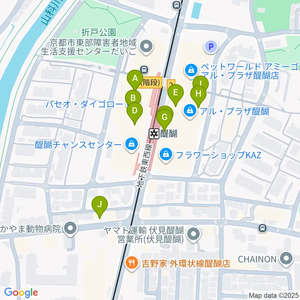 京都市醍醐交流会館周辺のファミレス・ファーストフード一覧地図