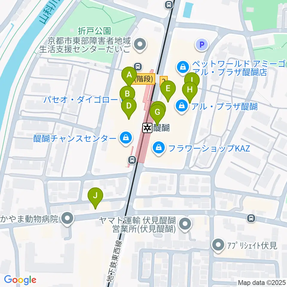 京都市醍醐交流会館周辺のファミレス・ファーストフード一覧地図