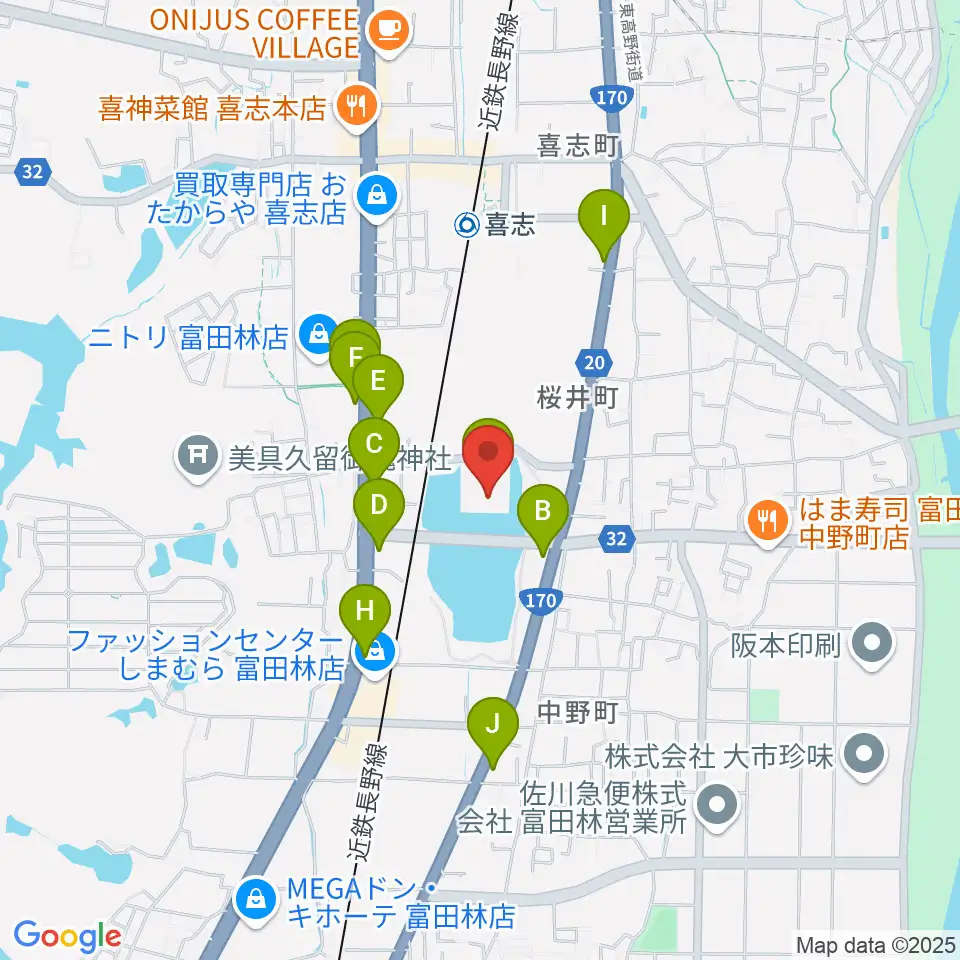 富田林市市民会館レインボーホール周辺のファミレス・ファーストフード一覧地図