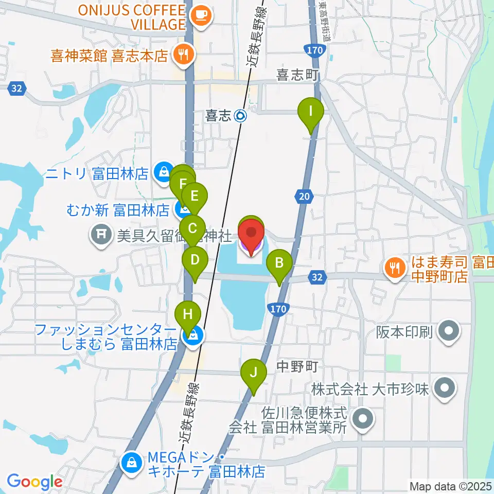 富田林市市民会館レインボーホール周辺のファミレス・ファーストフード一覧地図