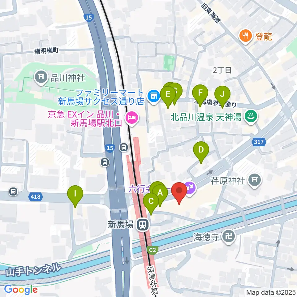 六行会ホール周辺のファミレス・ファーストフード一覧地図