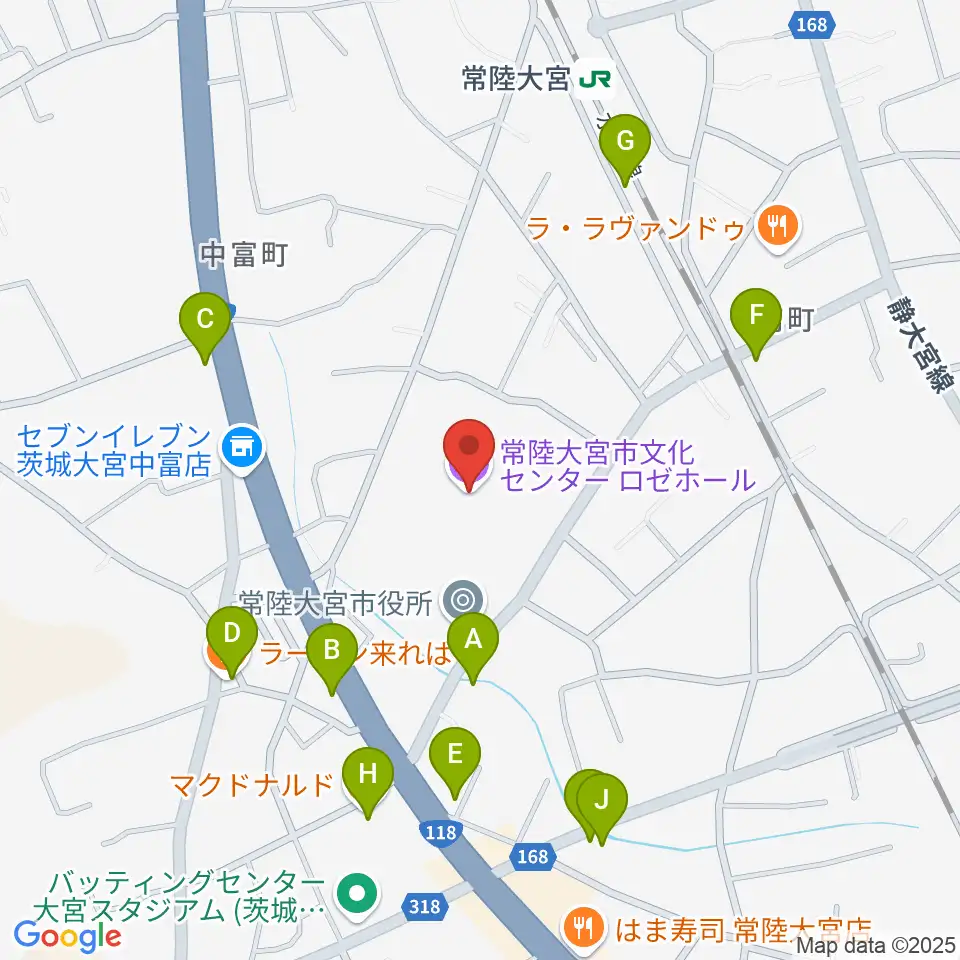 常陸大宮市文化センター ロゼホール周辺のファミレス・ファーストフード一覧地図