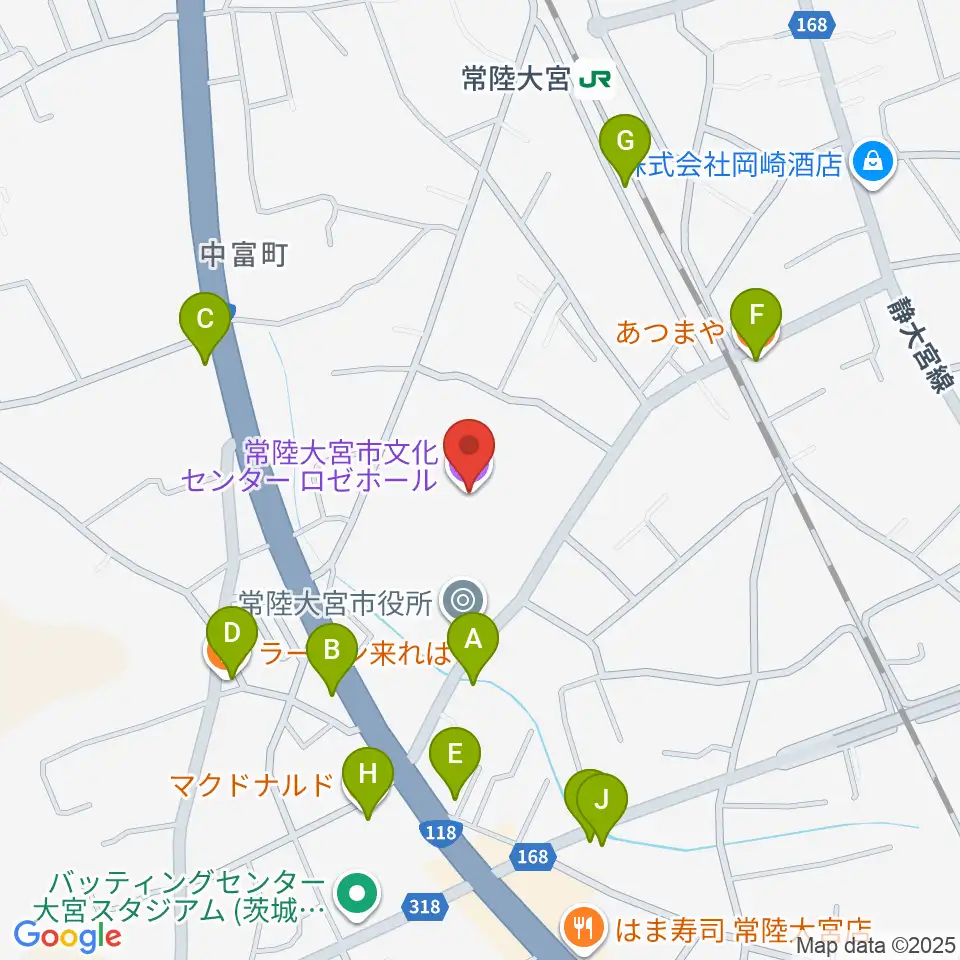 常陸大宮市文化センター ロゼホール周辺のファミレス・ファーストフード一覧地図