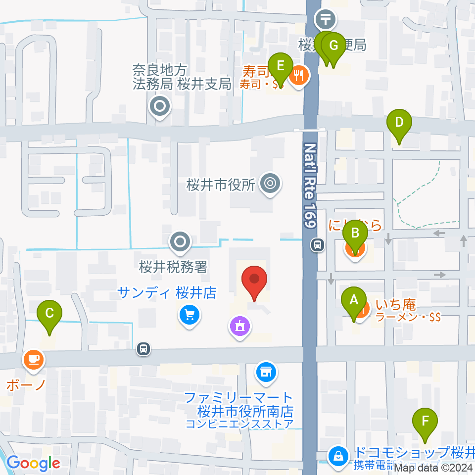 桜井市民会館周辺のファミレス・ファーストフード一覧地図