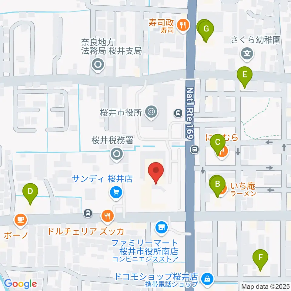 桜井市民会館周辺のファミレス・ファーストフード一覧地図