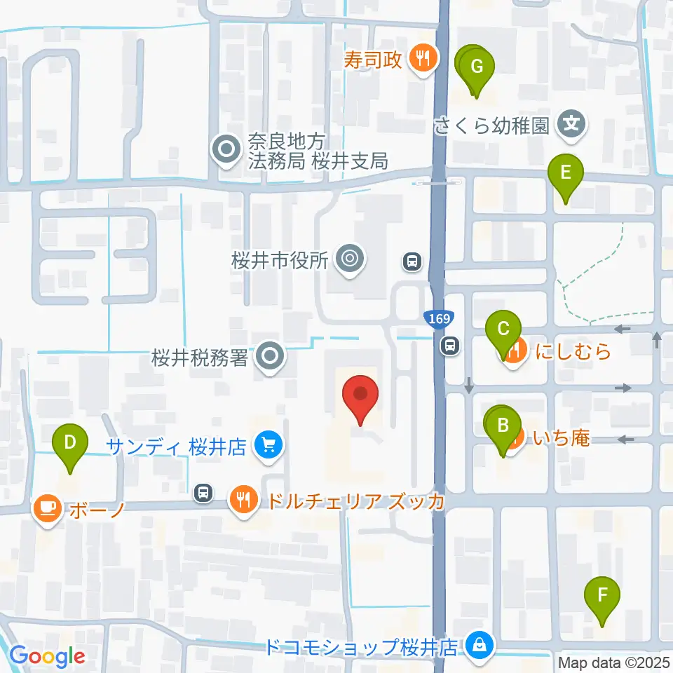 桜井市民会館周辺のファミレス・ファーストフード一覧地図