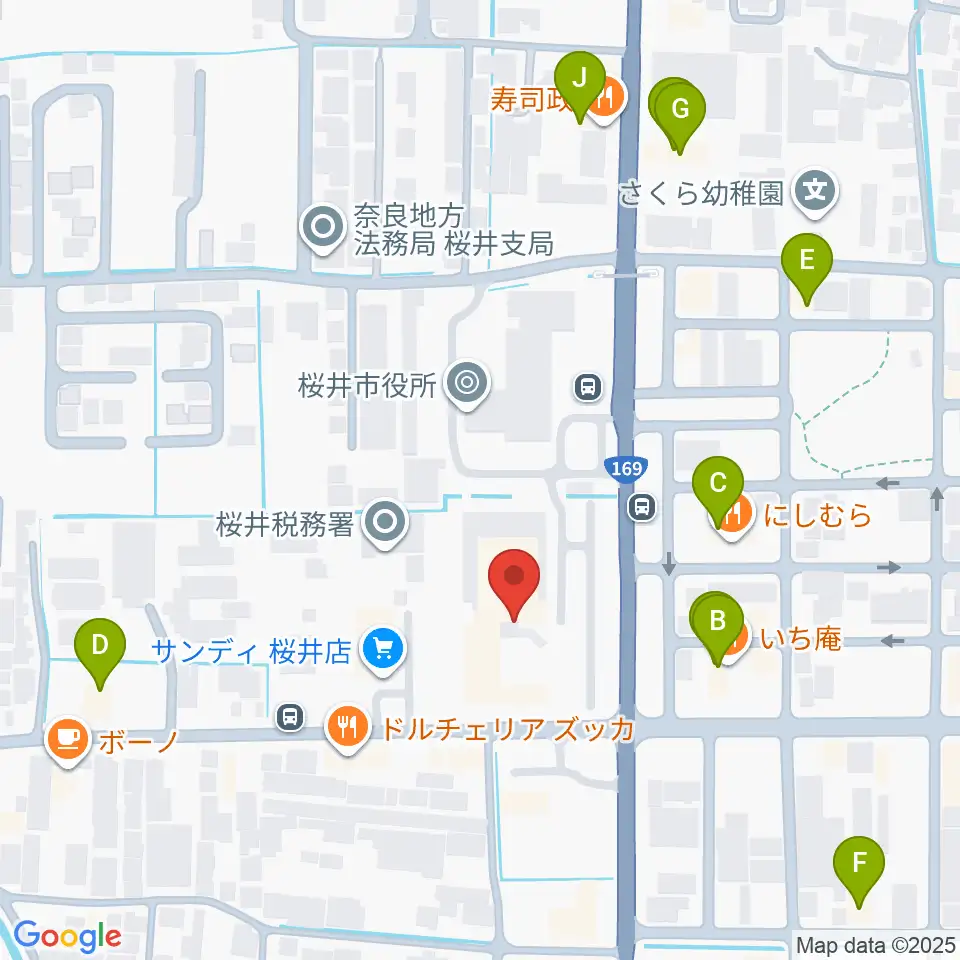 桜井市民会館周辺のファミレス・ファーストフード一覧地図
