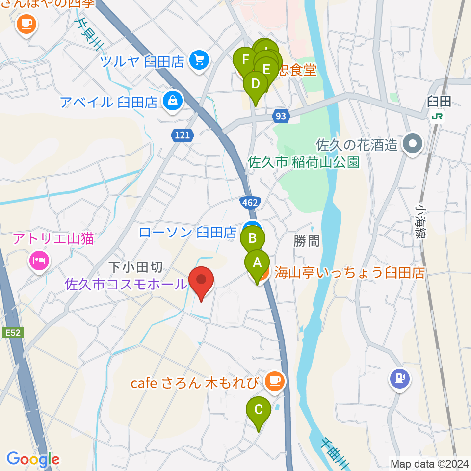 佐久市コスモホール周辺のファミレス・ファーストフード一覧地図