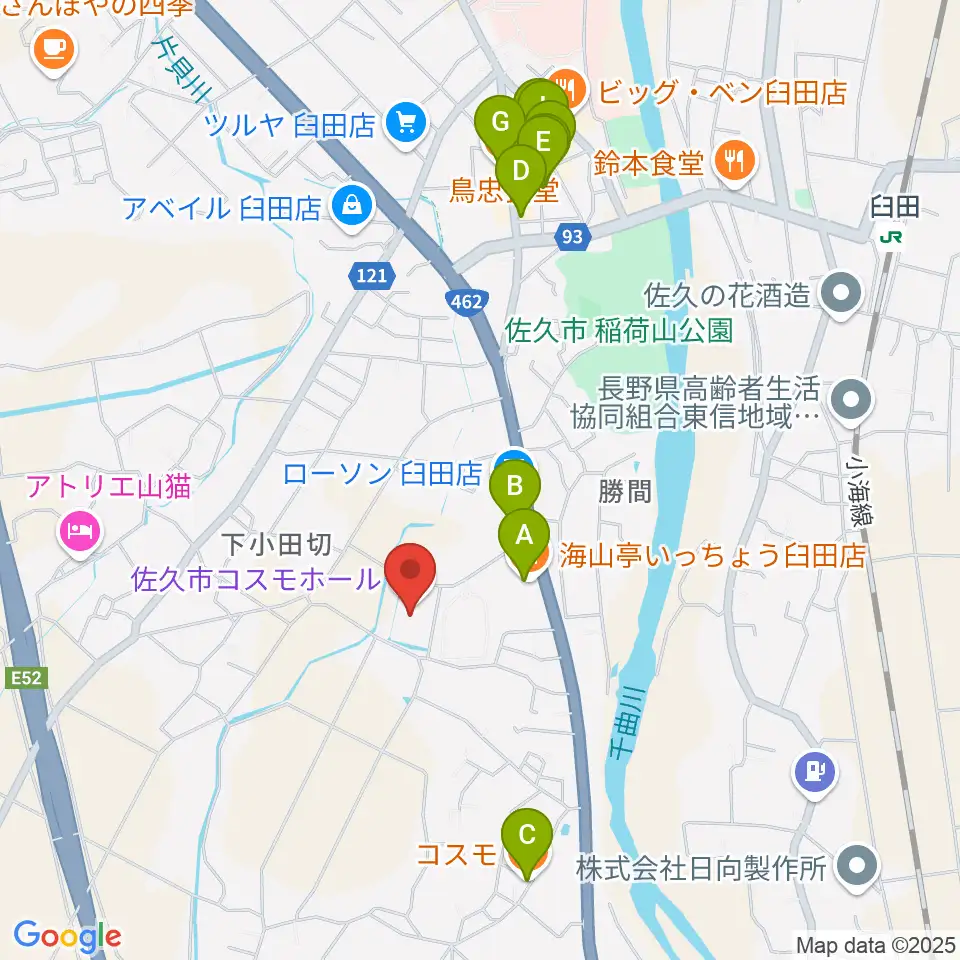 佐久市コスモホール周辺のファミレス・ファーストフード一覧地図