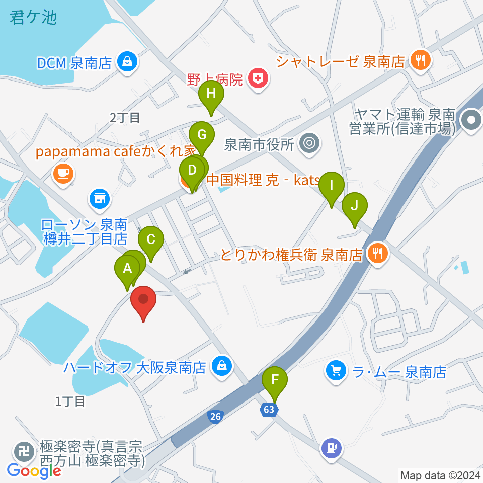 泉南市立文化ホール周辺のファミレス・ファーストフード一覧地図