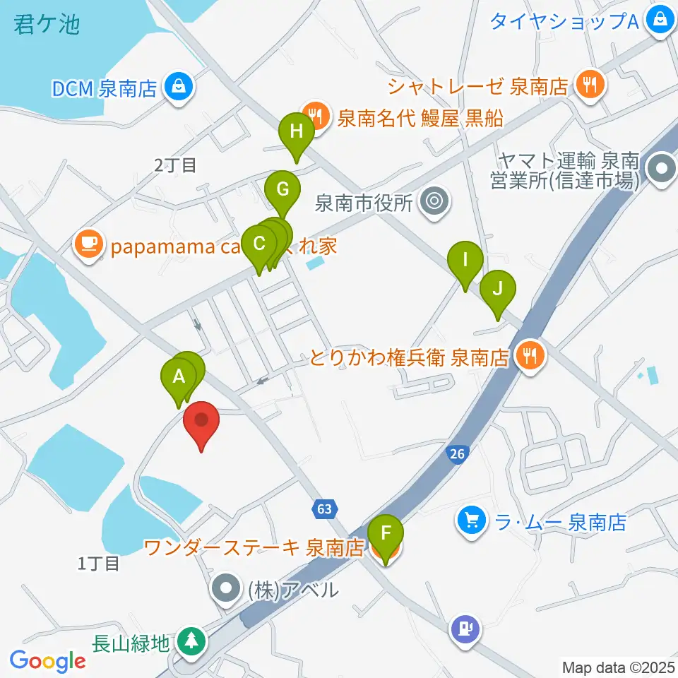 泉南市立文化ホール周辺のファミレス・ファーストフード一覧地図