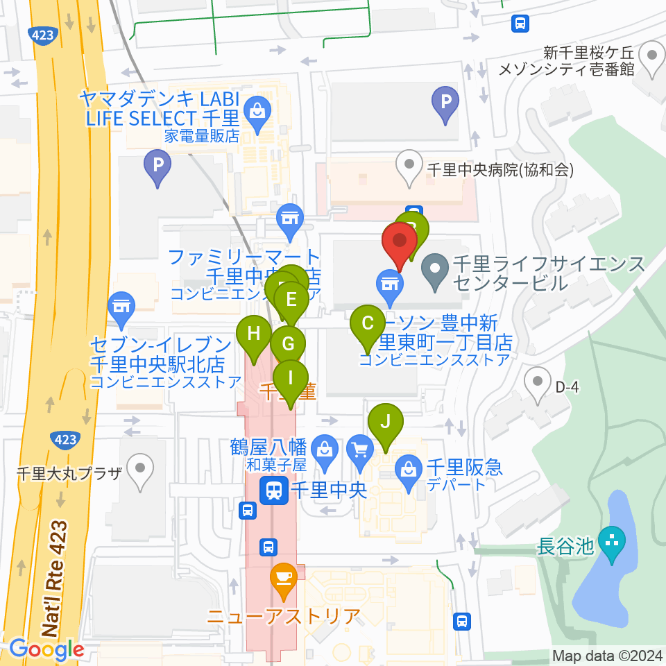 千里ライフサイエンスセンター周辺のファミレス・ファーストフード一覧地図