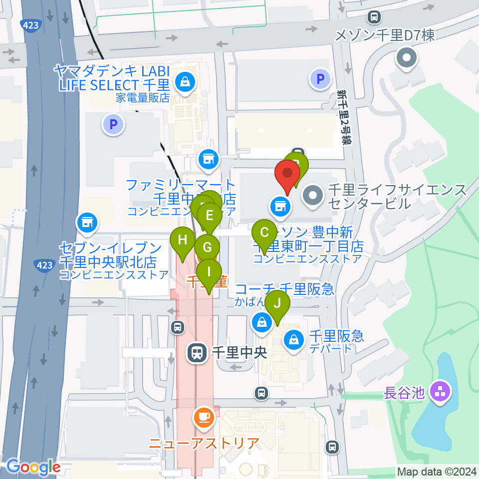 千里ライフサイエンスセンター周辺のファミレス・ファーストフード一覧地図