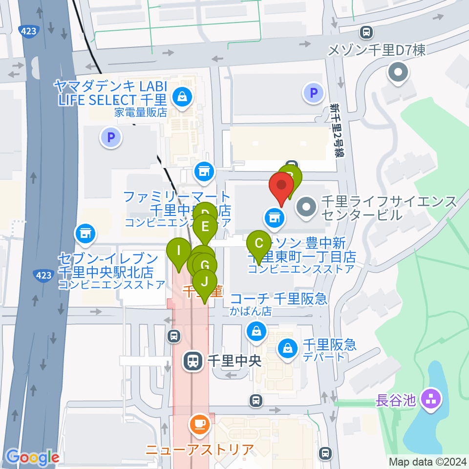 千里ライフサイエンスセンター周辺のファミレス・ファーストフード一覧地図