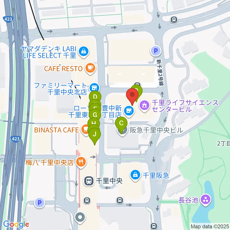 千里ライフサイエンスセンター周辺のファミレス・ファーストフード一覧地図