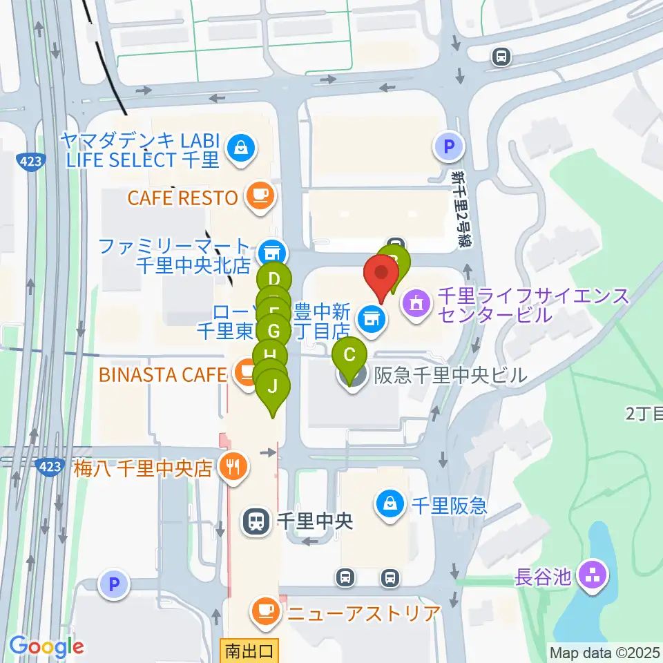 千里ライフサイエンスセンター周辺のファミレス・ファーストフード一覧地図