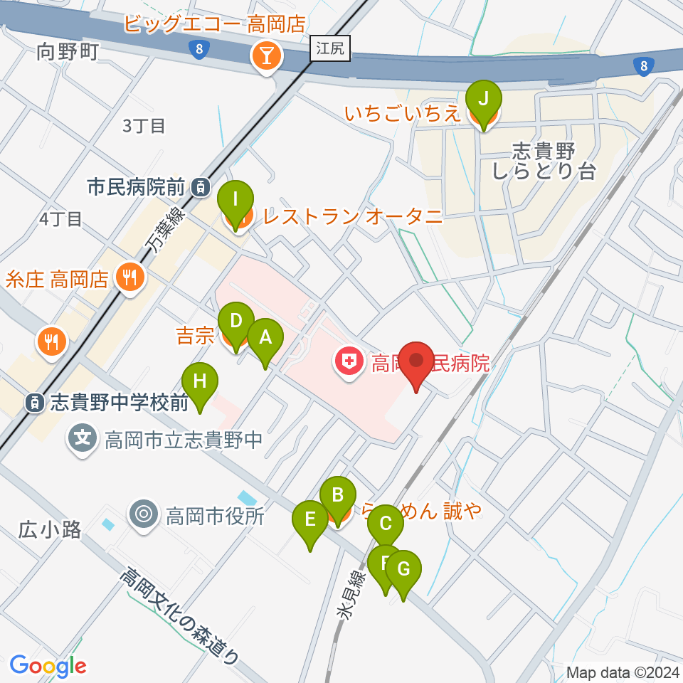 高岡市文化芸能館周辺のファミレス・ファーストフード一覧地図